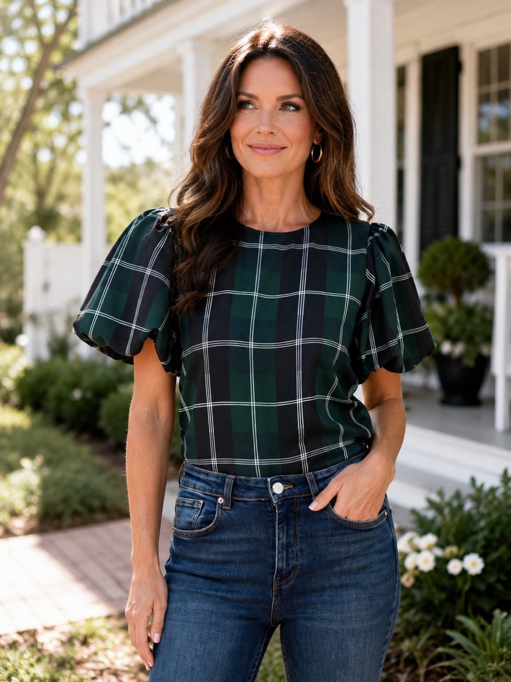 Sugarlips Sweet Beyond Emerald Plaid Puff Sleeve Keyhole Blouse Size XL